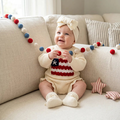 Hand Embroidered USA Flag Baby Romper