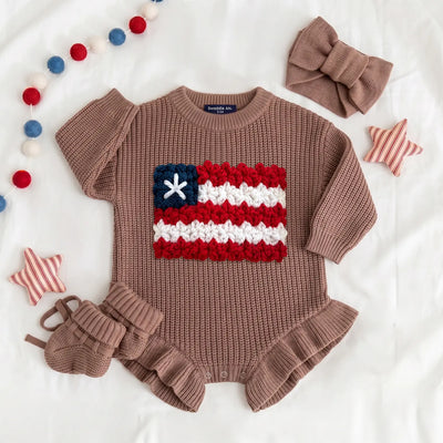 Hand Embroidered USA Flag Baby Romper