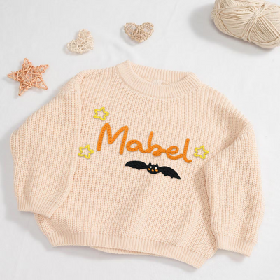 Hand Embroidered Bat Halloween Baby Name Sweater in Cream