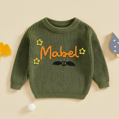 Hand Embroidered Bat Halloween Baby Name Sweater in Forest Green