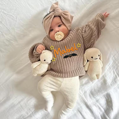 Hand Embroidered Bat Halloween Baby Name Sweater in Mocha