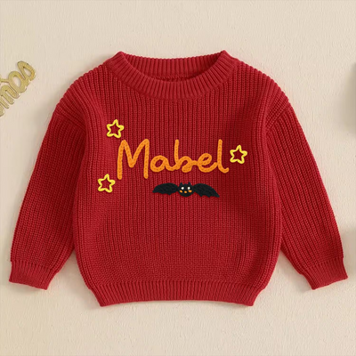 Hand Embroidered Bat Halloween Baby Name Sweater in Red X-mas