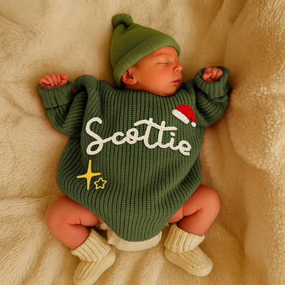 Hand Embroidered Christmas Name Baby Sweater