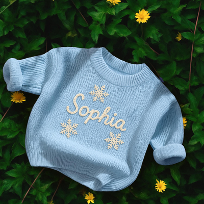 Hand Embroidered Christmas Snowflake Baby Name Sweater in Baby Blue