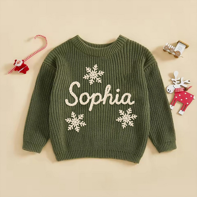 Hand Embroidered Christmas Snowflake Baby Name Sweater in Forest Green