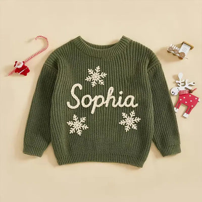 Hand Embroidered Christmas Snowflake Baby Name Sweater in Forest Green