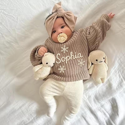 Hand Embroidered Christmas Snowflake Baby Name Sweater in Mocha