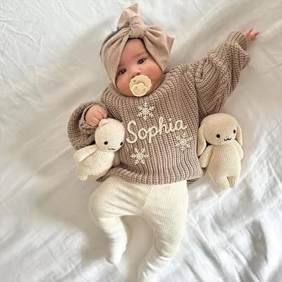 Hand Embroidered Christmas Snowflake Baby Name Sweater in Mocha