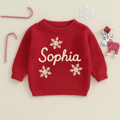 Hand Embroidered Christmas Snowflake Baby Name Sweater in Red X-mas