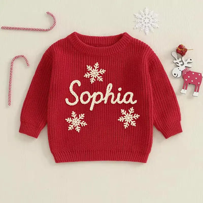 Hand Embroidered Christmas Snowflake Baby Name Sweater in Red X-mas