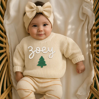 Hand Embroidered Christmas Tree Baby Name Sweater in Cream