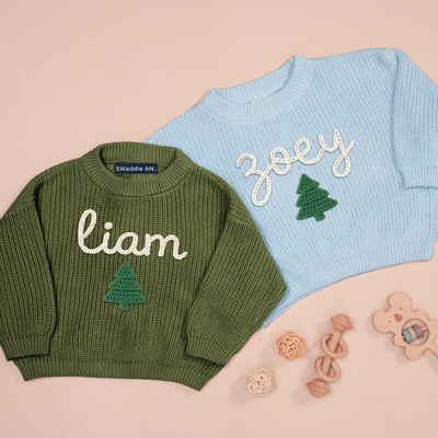 Hand Embroidered Christmas Tree Baby Name Sweater in Forest Green and Baby Blue