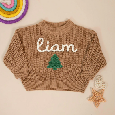 Hand Embroidered Christmas Tree Baby Name Sweater in Mocha