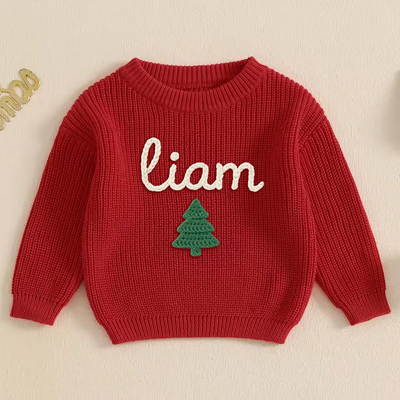 Hand Embroidered Christmas Tree Baby Name Sweater in Red X-mas