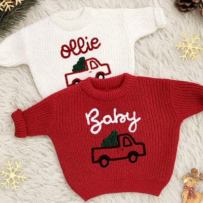 Hand-Embroidered Christmas Truck Sweater