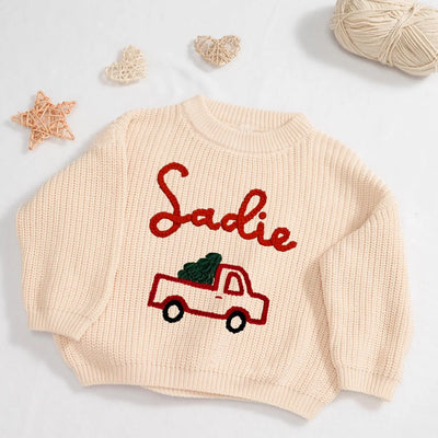 Hand-Embroidered Christmas Truck Sweater