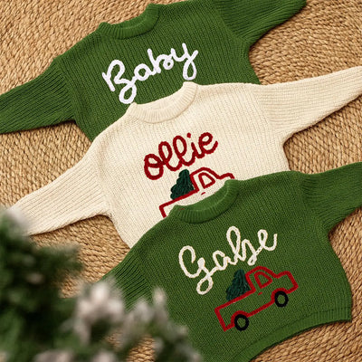 Hand-Embroidered Christmas Truck Sweater