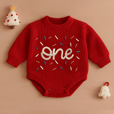Red baby romper with 'one' and sprinkles on a beige background