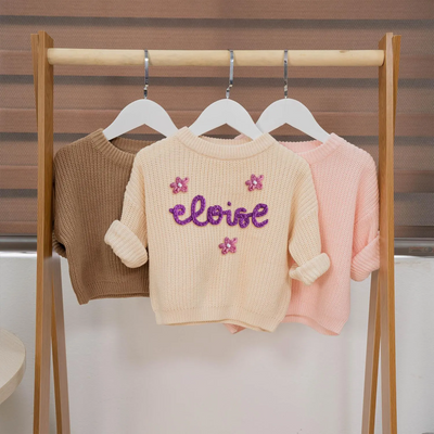 Hand Embroidered Flower and Name Baby Girl Sweater in Cream