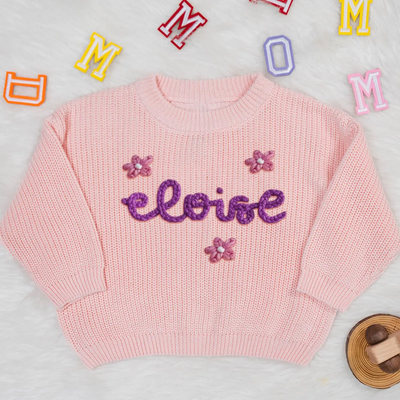 Hand Embroidered Flower and Name Baby Girl Sweater in Pink