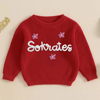 Hand Embroidered Flower and Name Baby Girl Sweater in Red X-mas