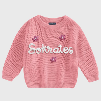 Hand Embroidered Flower and Name Baby Girl Sweater in Rose Pink