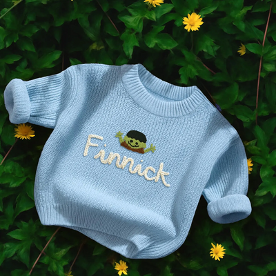 Hand Embroidered Halloween Baby Name Sweater in Baby Blue