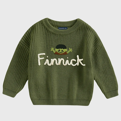 Hand Embroidered Halloween Baby Name Sweater in Forest Green