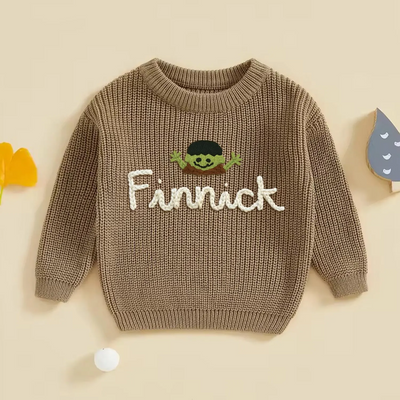 Hand Embroidered Halloween Baby Name Sweater in Mocha