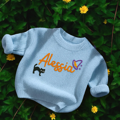 Hand Embroidered Halloween Baby Name Sweater with Cat in Baby Blue