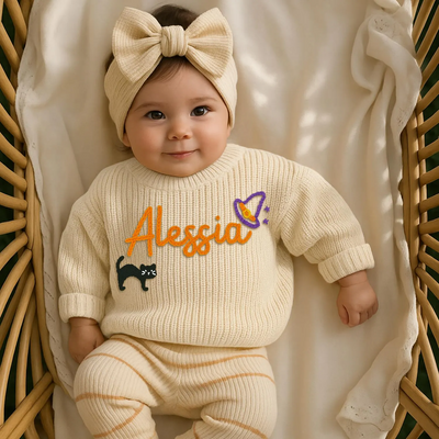 Hand Embroidered Halloween Baby Name Sweater with Cat in Cream