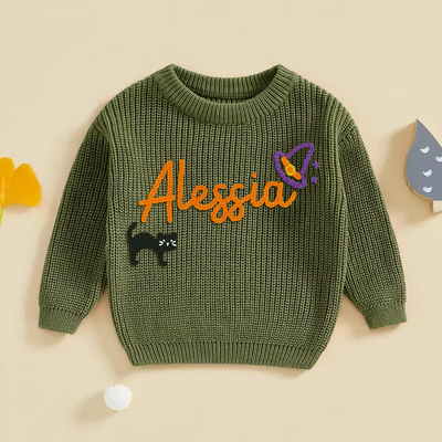Hand Embroidered Halloween Baby Name Sweater with Cat in Forest Green