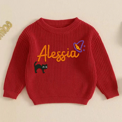 Hand Embroidered Halloween Baby Name Sweater with Cat in Red X-mas