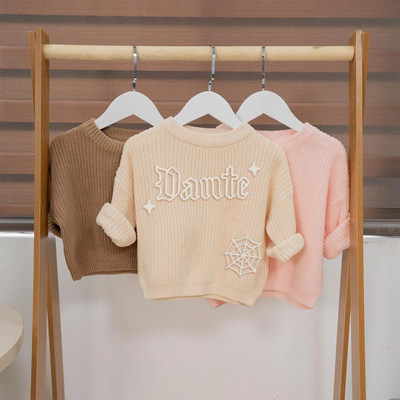 Hand Embroidered Halloween Spooky Baby Name Sweater in Cream