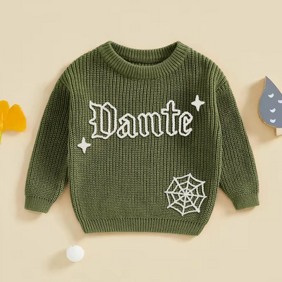 Hand Embroidered Halloween Spooky Baby Name Sweater in Forest Green