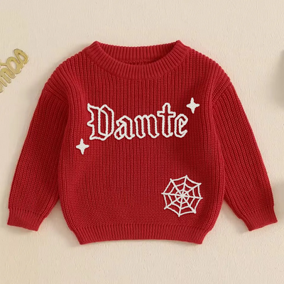 Hand Embroidered Halloween Spooky Baby Name Sweater in Red X-mas