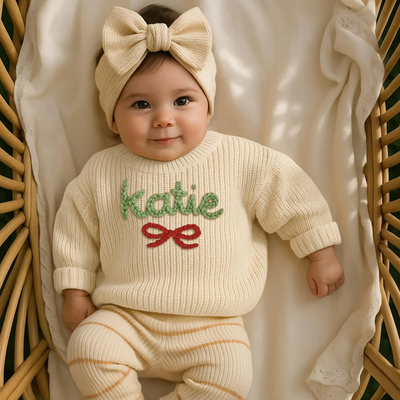 Hand Embroidered Name Baby Sweater with Bow