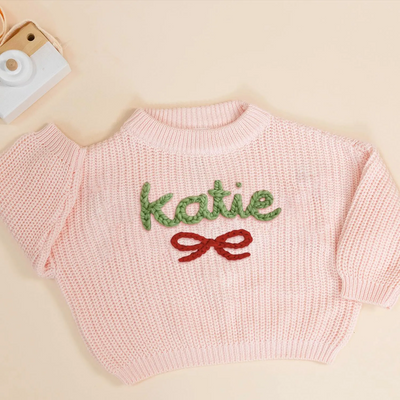 Hand Embroidered Name Baby Sweater with Bow in Pink