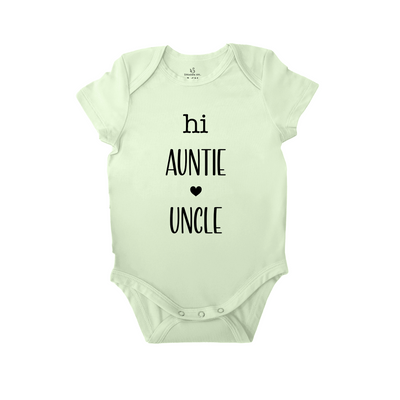 Light green baby onesie with 'hi AUNTIE UNCLE' text on a white background