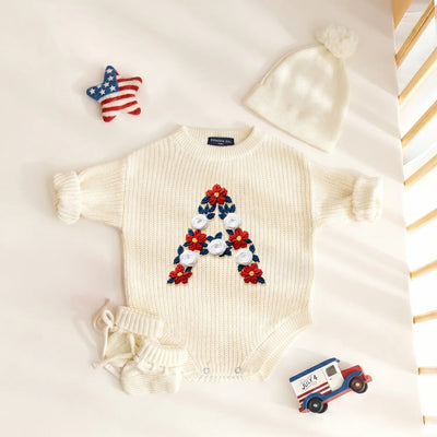 USA 4th of July Initial Floral Hand-Embroidered Baby Romper