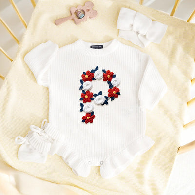 USA 4th of July Initial Floral Hand-Embroidered Baby Romper
