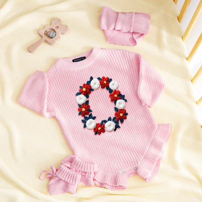 USA 4th of July Initial Floral Hand-Embroidered Baby Romper