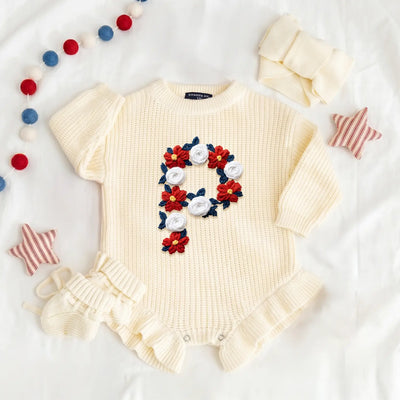 USA 4th of July Initial Floral Hand-Embroidered Baby Romper