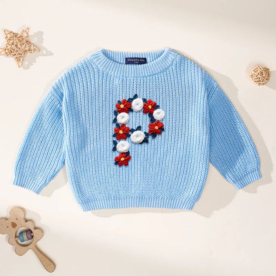 USA 4th of July Initial Floral Hand-Embroidered Baby Sweater