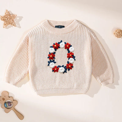USA 4th of July Initial Floral Hand-Embroidered Baby Sweater