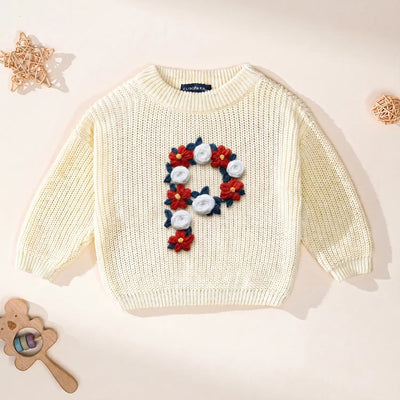 USA 4th of July Initial Floral Hand-Embroidered Baby Sweater