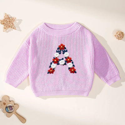 USA 4th of July Initial Floral Hand-Embroidered Baby Sweater