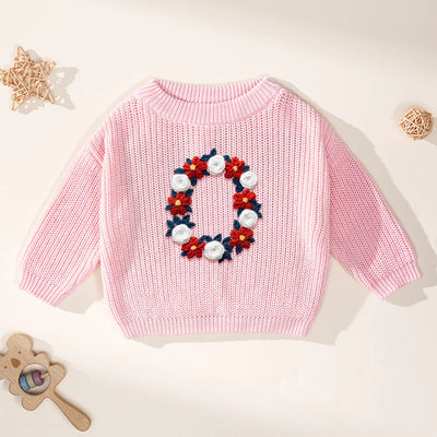 USA 4th of July Initial Floral Hand-Embroidered Baby Sweater