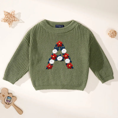 USA 4th of July Initial Floral Hand-Embroidered Baby Sweater