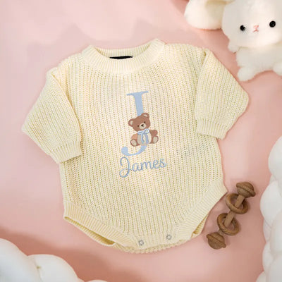 Initial Name Bear Embroidery Baby Romper
